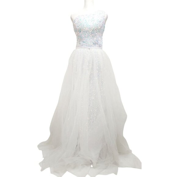 One-Shoulder Dress White Sequin Gown With Detachable Tulle Skirt Size 2 - Picture 2 of 14